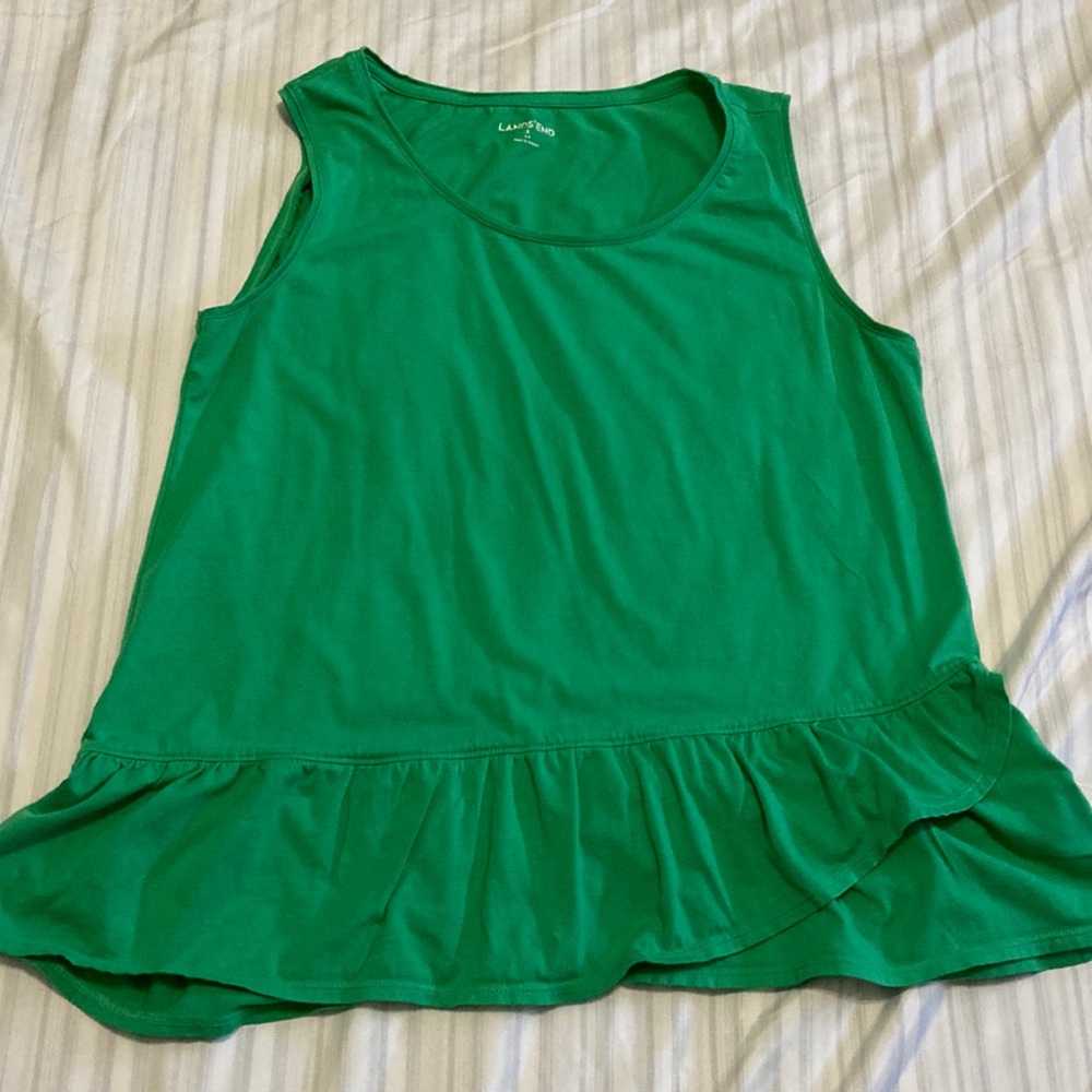 Land’s end sleeveless green top, size small with ruffled bottom.